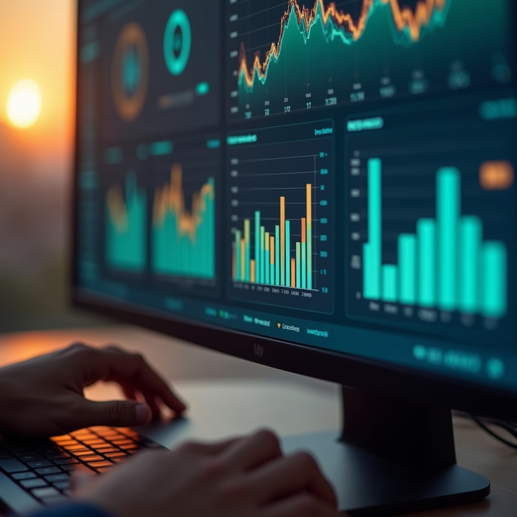 Primo piano di una dashboard analitica su schermo con grafici a barre e linee