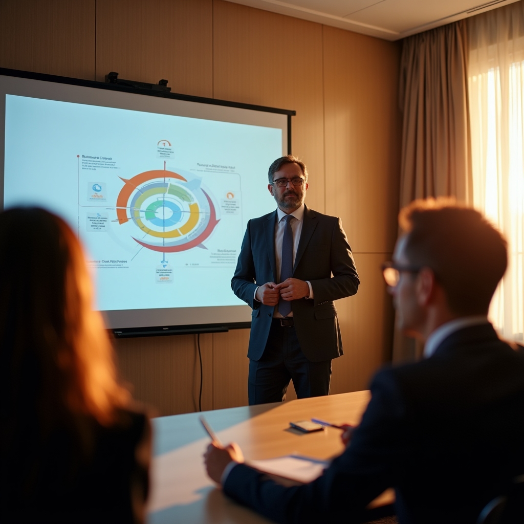 Formatore che presenta un caso studio di attribuzione marketing a un gruppo aziendale