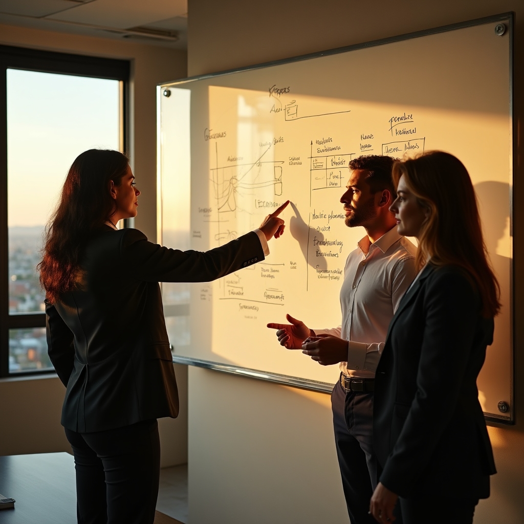 Team marketing che discute dati di canale davanti a una lavagna con grafici