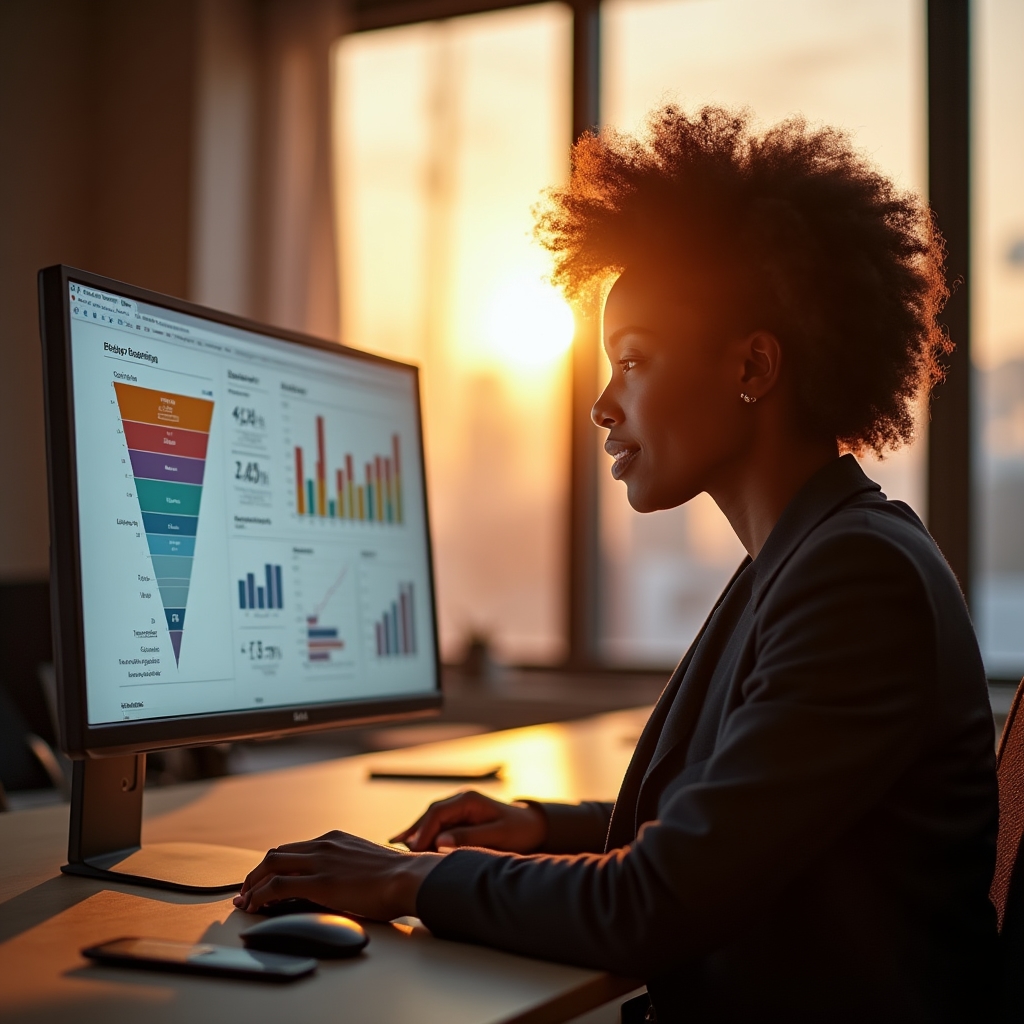 Product manager che analizza metriche di prodotto su schermo durante un esercizio